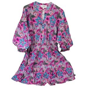 NWT Maisie Floral Ballon 3/4 Sleeve 100% Cotton Minidress Pink Ethnic Size Large